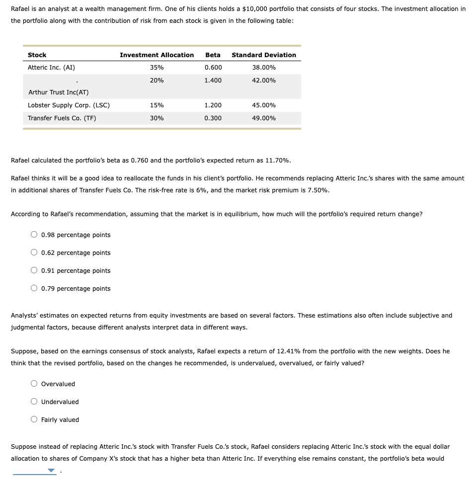 Rafael Is An Analyst At A Wealth Management Firm One Of His Clients Holds A 10 000 Portfolio That Consists Of Four Sto 1
