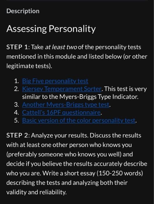 Description Assessing Personality Step 1 Take At Least Two Of The Personality Tests Mentioned In This Module And Listed 1