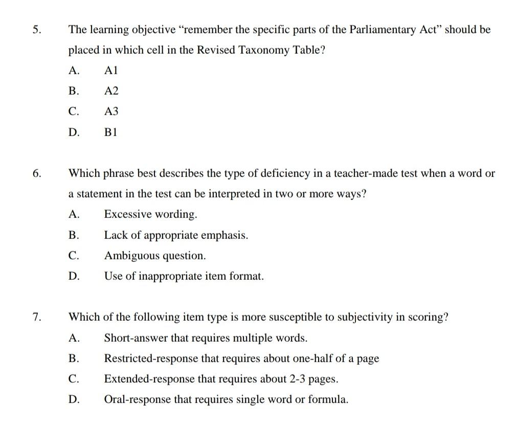 5 6 7 The Learning Objective Remember The Specific Parts Of The Parliamentary Act Should Be Placed In Which Cell In 1
