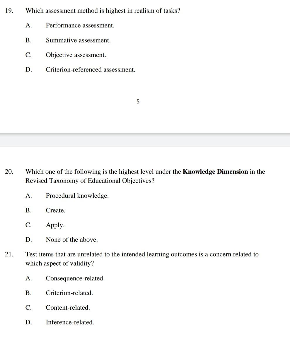 19 20 21 Which Assessment Method Is Highest In Realism Of Tasks A B C D B C D Performance Assessment Summati 1