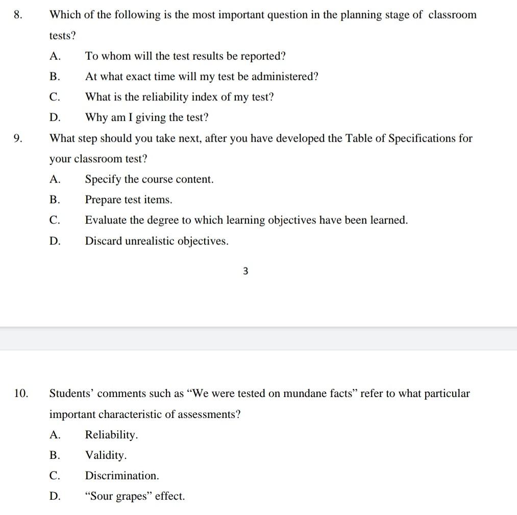 8 9 10 Which Of The Following Is The Most Important Question In The Planning Stage Of Classroom Tests A To Whom Wil 1