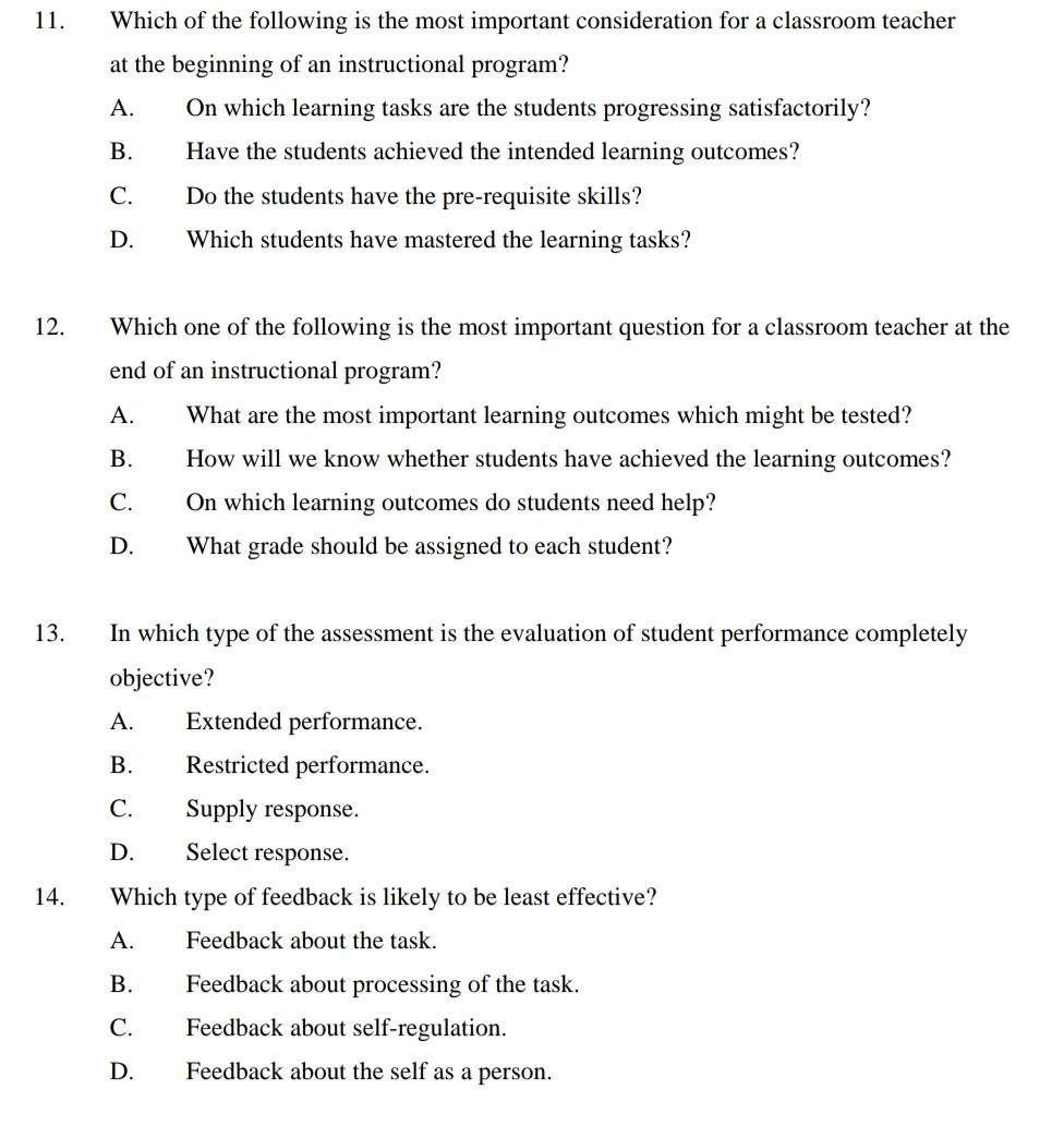 11 12 13 14 Which Of The Following Is The Most Important Consideration For A Classroom Teacher At The Beginning Of A 1