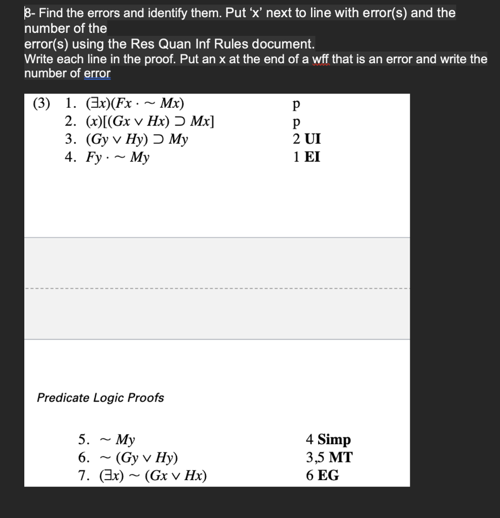 8 Find The Errors And Identify Them Put X Next To Line With Error S And The Number Of The Error S Using The Res Qu 1