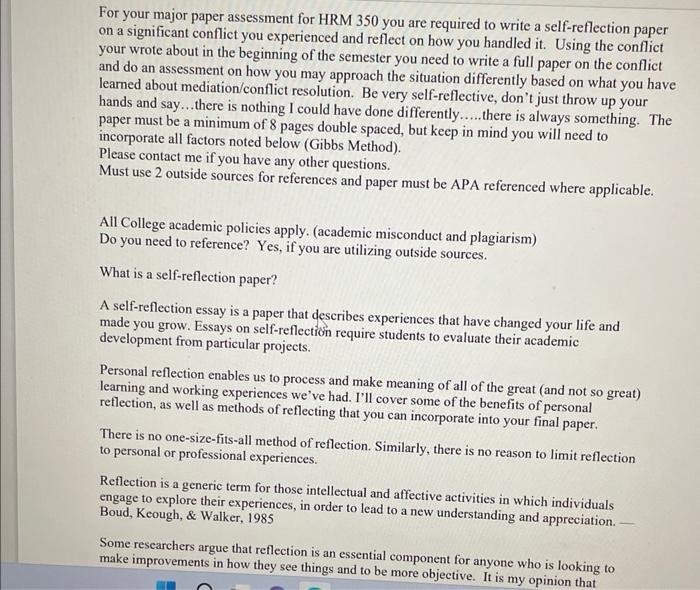 For Your Major Paper Assessment For Hrm 350 You Are Required To Write A Self Reflection Paper On A Significant Conflict 1