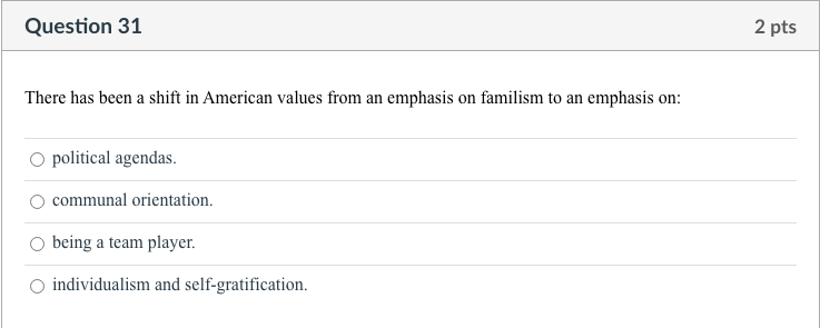 Question 31 There Has Been A Shift In American Values From An Emphasis On Familism To An Emphasis On Political Agendas 1