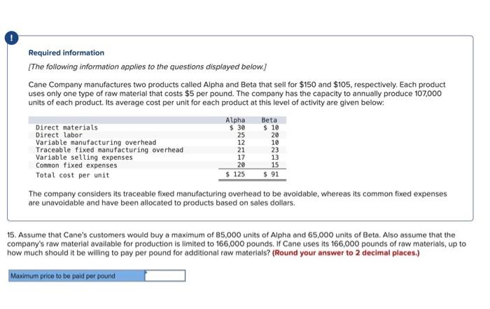 Required Information The Following Information Applies To The Questions Displayed Below Cane Company Manufactures Two 1