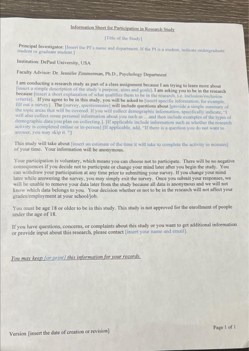 Information Sheet For Participation In Research Study Title Of The Study Principal Investigator Insert The Pi S Name 1