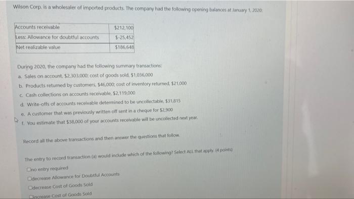 Wilson Corp Is A Wholesaler Of Imported Products The Company Had The Following Opening Balances At January 1 2020 Ac 1