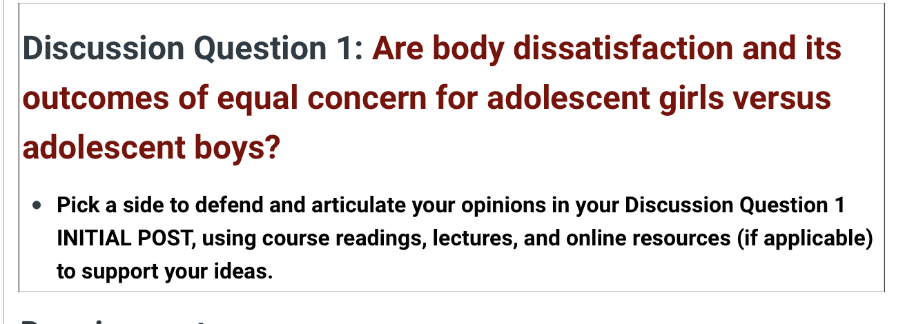 Discussion Question 1 Are Body Dissatisfaction And Its Outcomes Of Equal Concern For Adolescent Girls Versus Adolescent 1