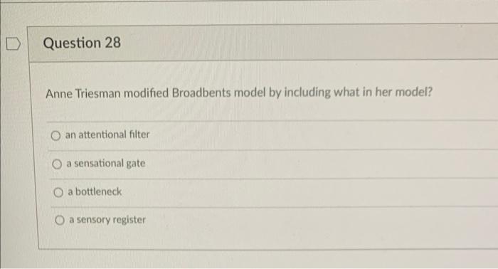 D Question 28 Anne Triesman Modified Broadbents Model By Including What In Her Model O An Attentional Filter A Sensatio 1