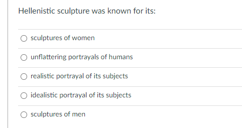 Hellenistic Sculpture Was Known For Its Sculptures Of Women Unflattering Portrayals Of Humans Realistic Portrayal Of It 1