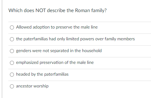 Which Does Not Describe The Roman Family Allowed Adoption To Preserve The Male Line The Paterfamilias Had Only Limited 1