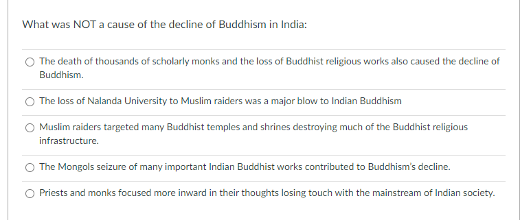What Was Not A Cause Of The Decline Of Buddhism In India The Death Of Thousands Of Scholarly Monks And The Loss Of Budd 1