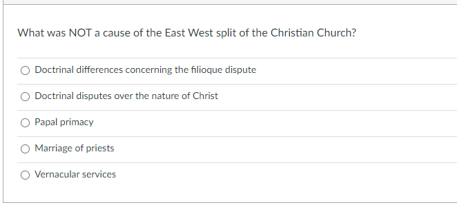 What Was Not A Cause Of The East West Split Of The Christian Church Doctrinal Differences Concerning The Filioque Dispu 1