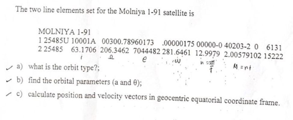 The Two Line Elements Set For The Molniya 1 91 Satellite Is Molniya 1 91 1 25485u 10001a 00300 78960173 00000175 00000 1
