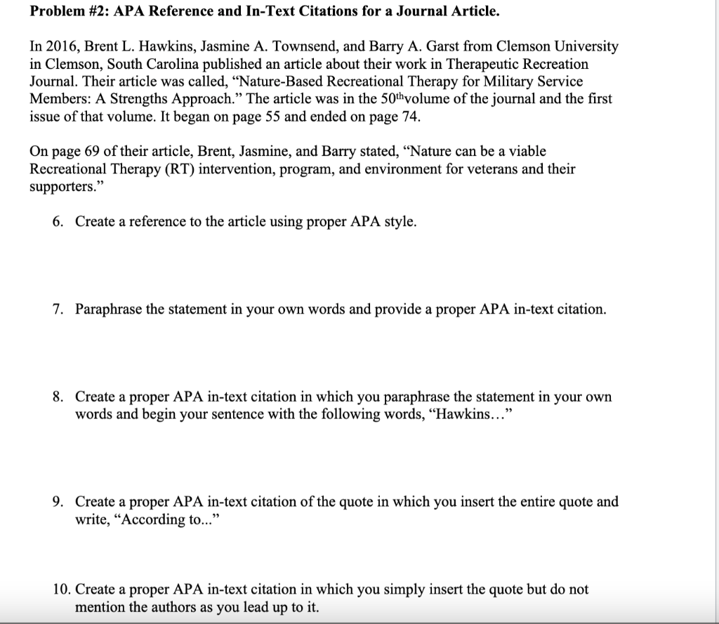 Problem 2 Apa Reference And In Text Citations For A Journal Article In 2016 Brent L Hawkins Jasmine A Townsend A 1