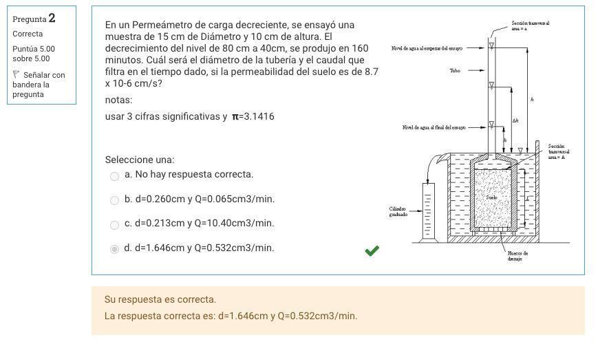 In A Decreasing Head Permeameter A Sample Of 15 Cm In Diameter And 10 Cm In Height Was Tested The Decrease In The Leve 1