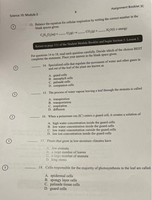 1 Science 10 Module 3 1 1 Assignment Booklet 3c 13 Balance The Equation For Cellular Respiration By Writing The Correc 1