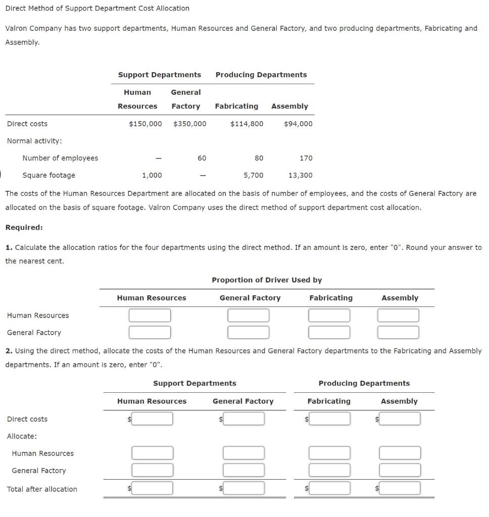 Direct Method Of Support Department Cost Allocation Valron Company Has Two Support Departments Human Resources And Gene 1