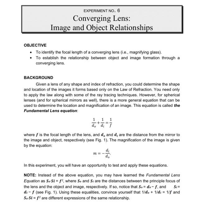 Experiment No 6 Converging Lens Image And Object Relationships Objective To Identify The Focal Length Of A Converging 1