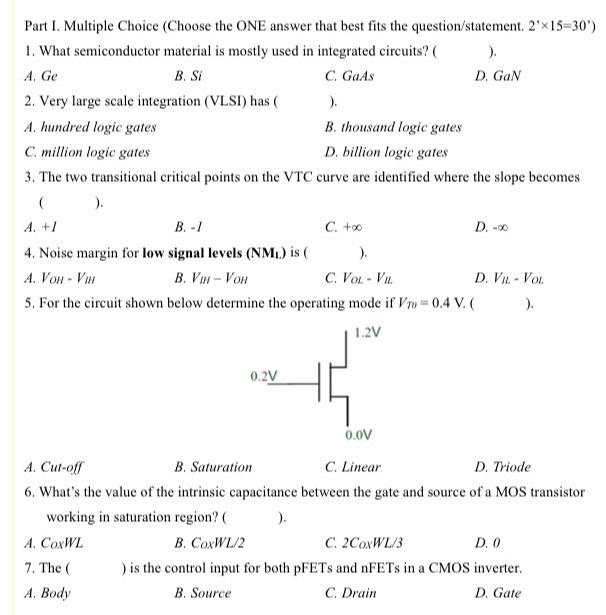 Part I Multiple Choice Choose The One Answer That Best Fits The Question Statement 2 X15 30 1 What Semiconductor M 1