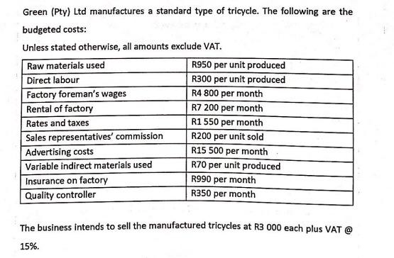 Green Pty Ltd Manufactures A Standard Type Of Tricycle The Following Are The Budgeted Costs Unless Stated Otherwise 1