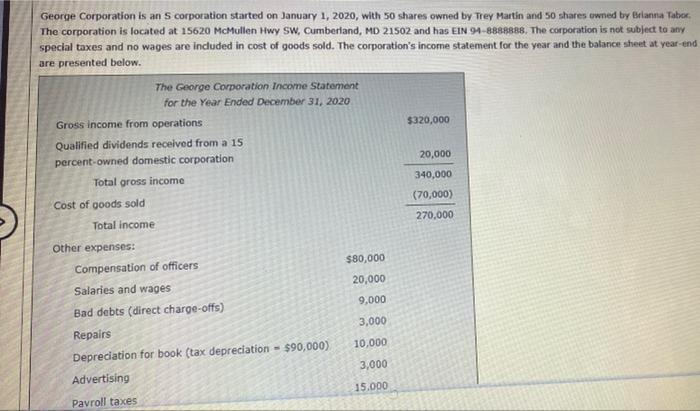 George Corporation Is An S Corporation Started On January 1 2020 With 50 Shares Owned By Trey Martin And 50 Shares Own 1