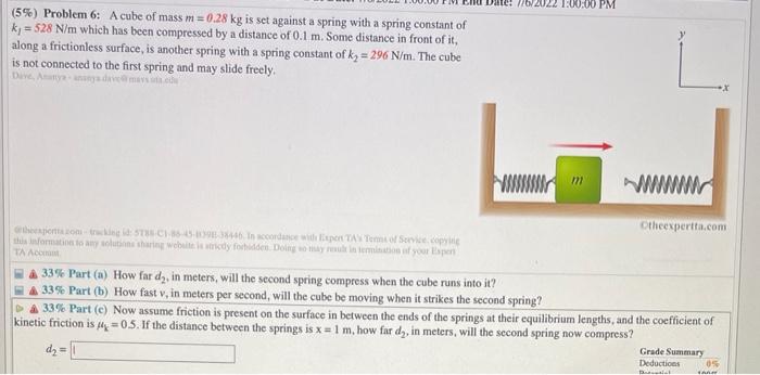 5 Problem 6 A Cube Of Mass M 0 28 Kg Is Set Against A Spring With A Spring Constant Of Kj 528 N M Which Has Been Com 1
