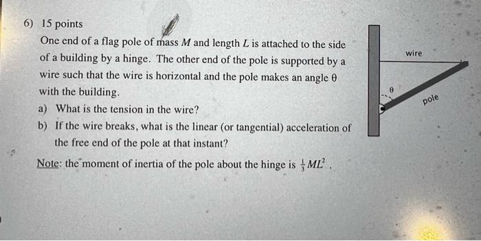 6 15 Points One End Of A Flag Pole Of Mass M And Length L Is Attached To The Side Of A Building By A Hinge The Other E 1