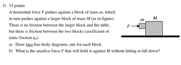 3 15 Points A Horizontal Force F Pushes Against A Block Of Mass M Which In Turn Pushes Against A Larger Block Of Mass 1