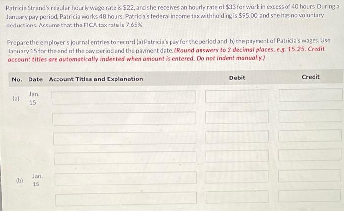 Patricia Strand S Regular Hourly Wage Rate Is 22 And She Receives An Hourly Rate Of 33 For Work In Excess Of 40 Hours 1