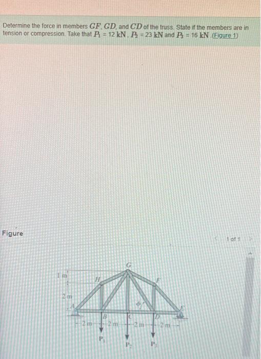 Determine The Force In Members Gf Gd And Cd Of The Truss State If The Members Are In Tension Or Compression Take Tha 1