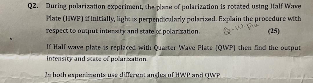 Q2 During Polarization Experiment The Plane Of Polarization Is Rotated Using Half Wave Plate Hwp If Initially Light 1
