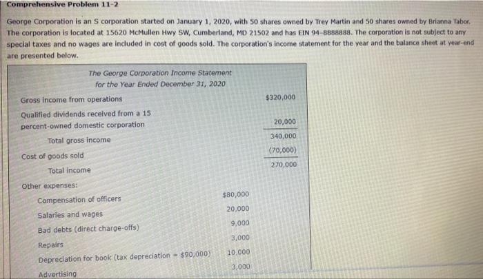 Comprehensive Problem 11 2 George Corporation Is An S Corporation Started On January 1 2020 With 50 Shares Owned By Tr 1