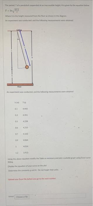 The Period T Of A Pendulum Suspended At An Inaccemble Height Higit By The Be T Where The Height Red From The Foor As S 1
