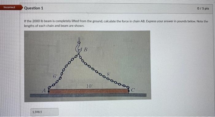 Incorrect Question 1 If The 2000 Lb Beam Is Completely Lifted From The Ground Calculate The Force In Chain Ab Express 1