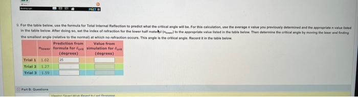 9 For The Table Below Use The Formula For Total Internal Reflection To Predict What The Critical Angle Will Be For Th 1