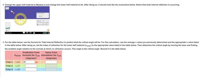 9 For The Table Below Use The Formula For Total Internal Reflection To Predict What The Critical Angle Will Be For Th 6