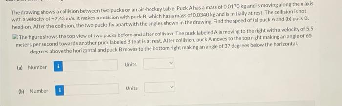 The Drawing Shows A Collision Between Two Pucks On An Air Hockey Table Puck A Has A Mass Of 0 0170 Kg And Is Moving Alo 1