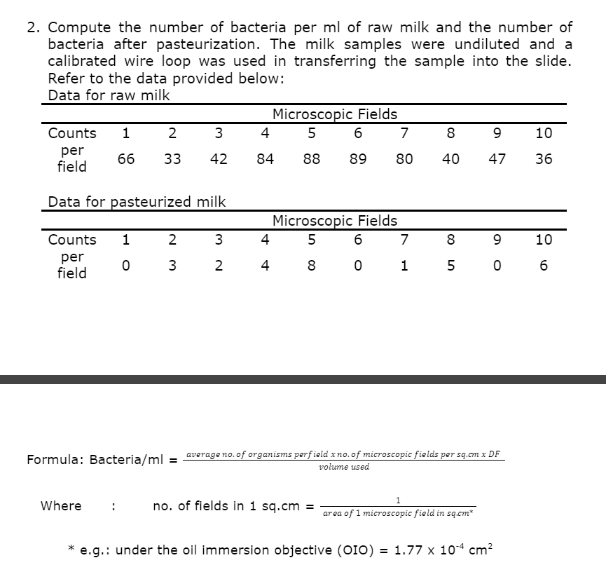 2 Compute The Number Of Bacteria Per Ml Of Raw Milk And The Number Of Bacteria After Pasteurization The Milk Samples W 1