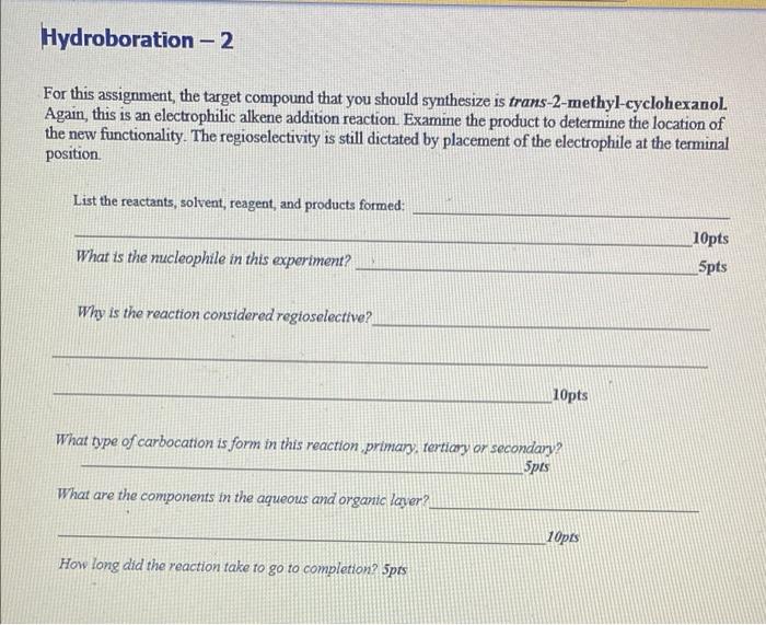 Hydroboration 2 For This Assignment The Target Compound That You Should Synthesize Is Trans 2 Methyl Cyclohexanol Ag 1