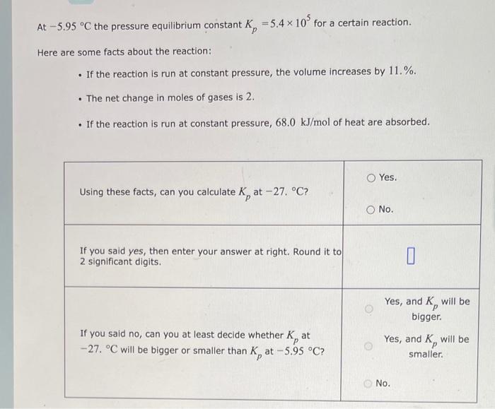 At 5 95 C The Pressure Equilibrium Constant K 5 4 X 10 For A Certain Reaction Here Are Some Facts About The Reacti 1
