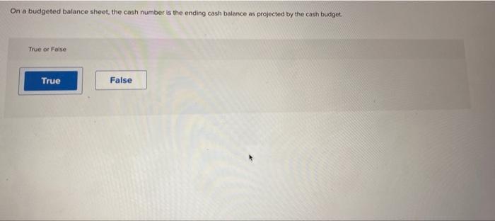 On A Budgeted Balance Sheet The Cash Number Is The Ending Cash Balance As Projected By The Cash Budget True Or False Tr 1