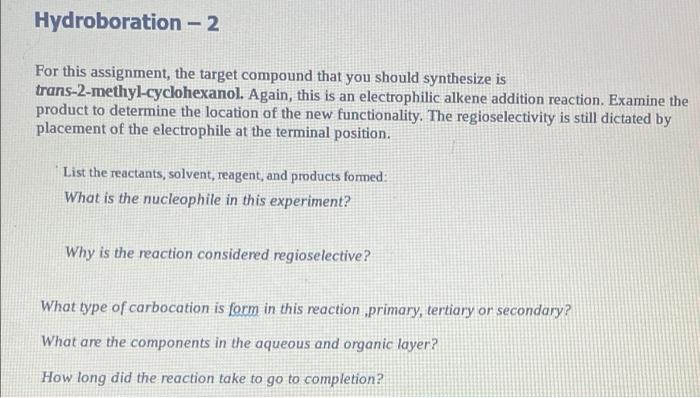 Hydroboration 2 For This Assignment The Target Compound That You Should Synthesize Is Trans 2 Methyl Cyclohexanol Ag 2