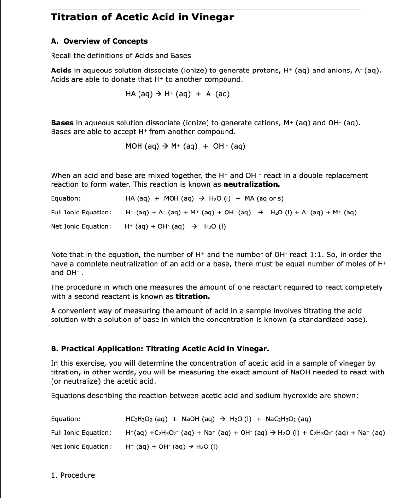 Titration Of Acetic Acid In Vinegar A Overview Of Concepts Recall The Definitions Of Acids And Bases Acids In Aqueous S 1