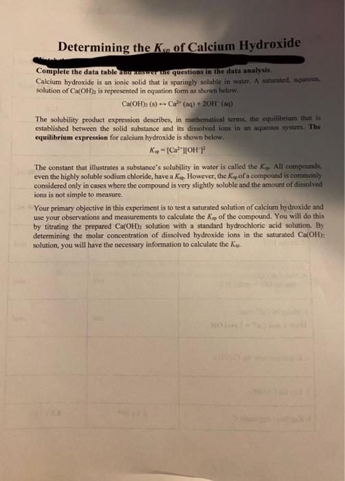 Determining The K Of Calcium Hydroxide Complete The Data Table And Answer The Questions In The Data Analysis Calcium Hy 1