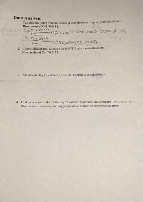 Determining The K Of Calcium Hydroxide Complete The Data Table And Answer The Questions In The Data Analysis Calcium Hy 3