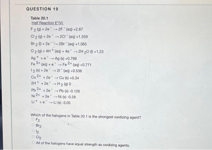 Question 19 Table 20 1 Half Reaction Em F2 G 2e2f Aq 2 87 Cl 2 G 2e2c1 Aq 1 359 Br 2 1 2e2br Aq 1 065 1
