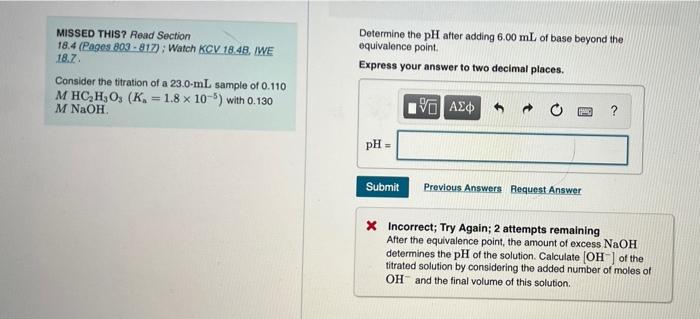 Missed This Read Section 18 4 Pages 803 817 Watch Kcv 18 48 Iwe 18 7 Consider The Titration Of A 23 0 Ml Sample Of 1
