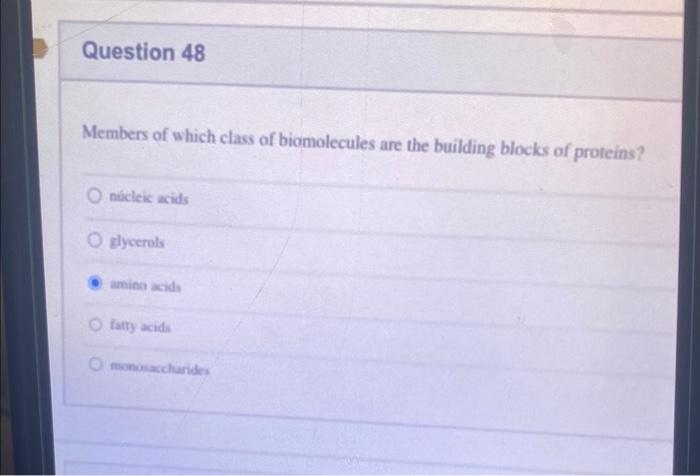 Question 48 Members Of Which Class Of Biomolecules Are The Building Blocks Of Proteins O Nucleic Acids O Glycerols Amin 1